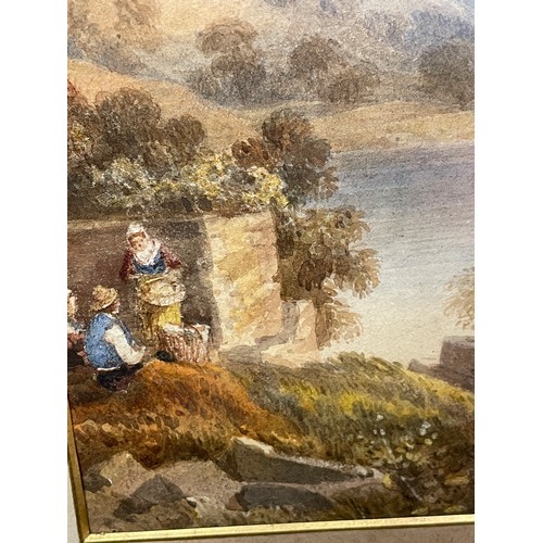 461 - 19TH CENTURY WATER COLOUR OF FIGURES BEFORE LAKE IN A LANDSCAPE