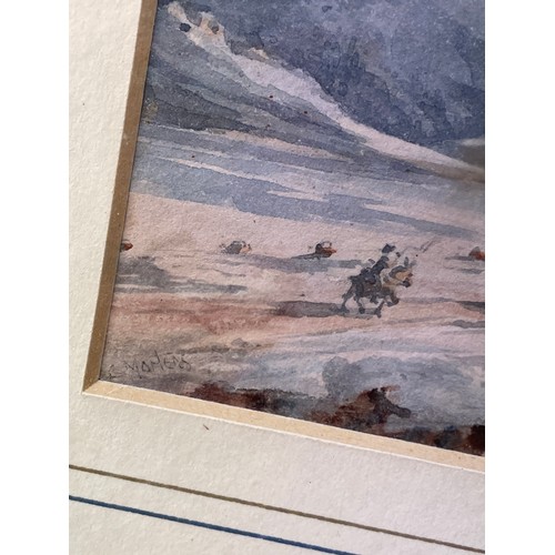 460 - WATER COLOUR OF 19TH CENTURY WAGON TRAIN IN SNOWY MOUNTAIN LANDSCAPE