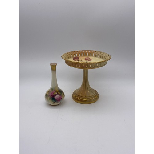 563 - ROYAL WORCESTER BLUSH IVORY GILDED COMPORT AND A CABBAGE ROSE PATTERN BOTTLE VASE