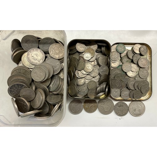 568 - TUB OF GB PRE DECIMAL HALF CROWNS, ONE SHILLINGS, TWO SHILLINGS, AND TIN OF SIXPENCE COINS