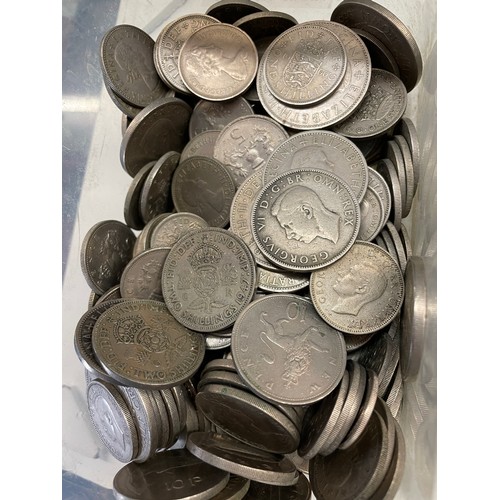 568 - TUB OF GB PRE DECIMAL HALF CROWNS, ONE SHILLINGS, TWO SHILLINGS, AND TIN OF SIXPENCE COINS