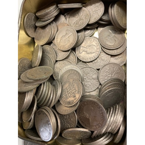 568 - TUB OF GB PRE DECIMAL HALF CROWNS, ONE SHILLINGS, TWO SHILLINGS, AND TIN OF SIXPENCE COINS