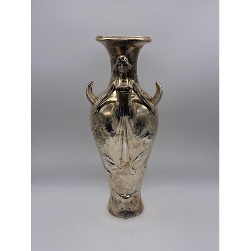 546 - ART NOUVEAU CAST METAL FIGURAL VASE DECORATED WITH FLOWERS BY IMPERIAL ZINN