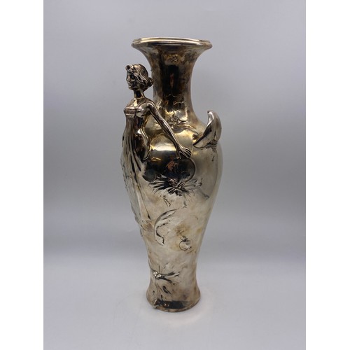 546 - ART NOUVEAU CAST METAL FIGURAL VASE DECORATED WITH FLOWERS BY IMPERIAL ZINN