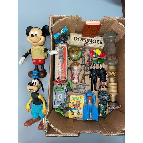 599 - WALT DISNEY PRODUCTIONS MICKEY MOUSE RUBBER DOLL AND GOOFY, LEAD SOLDIERS, BOX OF DOMINOS, DIE CAST ... 