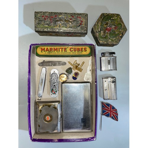 585 - VINTAGE CIGARETTE LIGHTERS, POCKET KNIVES, CIGARETTE CASE, BOXES AND A SILVER MEDALLION