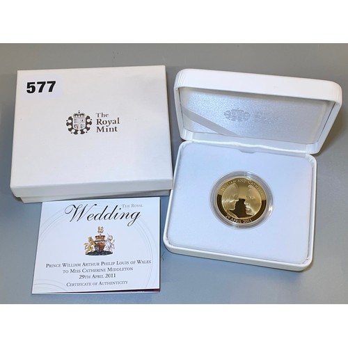 577 - FIVE POUND GOLD PLATED SILVER PROOF COIN THE MARRIAGE OF WILLIAM TO CATHERINE MIDDLETON