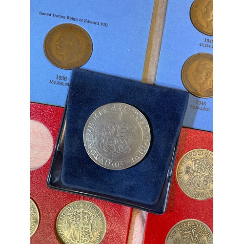 583 - THREE PRE DECIMAL FOLDERS OF FLORINS INCOMPLETE, PENNIES, AND HALF CROWNS, REPLICA QUEEN ELIZABETH I... 