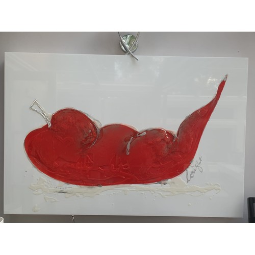 684 - CLAIRE WRIGHT LIQUID ART PICTURE OF THE RED CHILLI PEPPER 119.5CM X 84CM