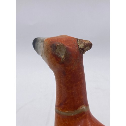 252 - STAFFORDSHIRE RECUMBENT WHIPPET INKWELL A/F AND PAIR OF SEATED SPANIELS