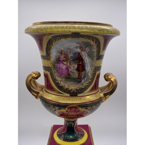 668 - VIENNA TWIN HANDLED CAMPANA VASE PAINTED WITH PANELS OF CLASSICAL FIGURES