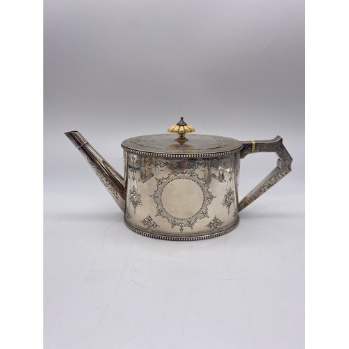 634 - LONDON VICTORIAN SILVER THREE PIECE ENGRAVED TEA SERVICE IN FITTED OAK BOX 46 OZ OVERALL APPROX