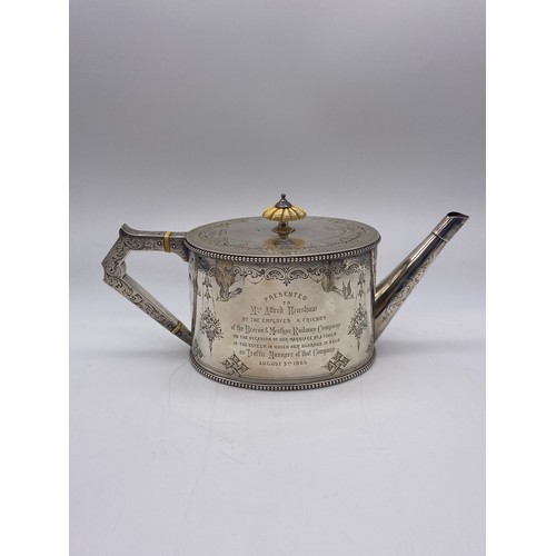 634 - LONDON VICTORIAN SILVER THREE PIECE ENGRAVED TEA SERVICE IN FITTED OAK BOX 46 OZ OVERALL APPROX