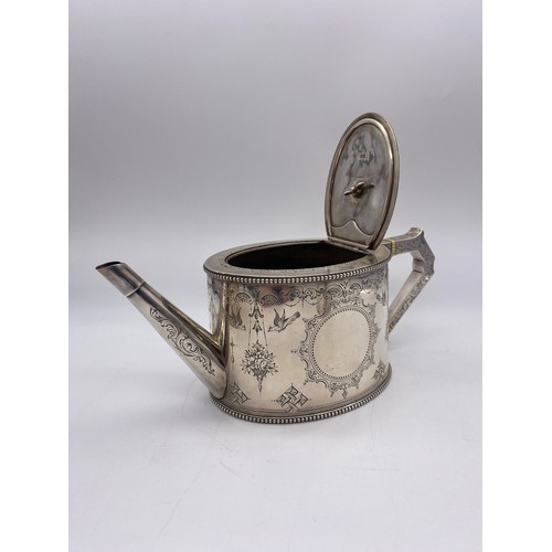 634 - LONDON VICTORIAN SILVER THREE PIECE ENGRAVED TEA SERVICE IN FITTED OAK BOX 46 OZ OVERALL APPROX