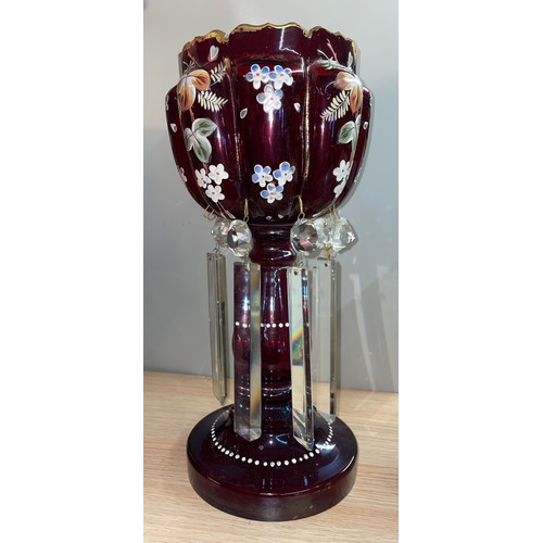 471 - VICTORIAN RUBY GLASS RIBBED CRENELLATED PEDSTAL LUSTRE WITH OPAQUE PAINTED DECORATION AND PRISM CUT ... 