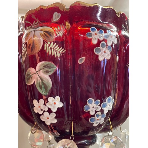 471 - VICTORIAN RUBY GLASS RIBBED CRENELLATED PEDSTAL LUSTRE WITH OPAQUE PAINTED DECORATION AND PRISM CUT ... 