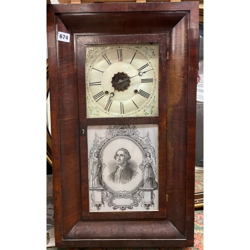 674 - 19TH CENTURY WALLNUT CASED AMERICAN WALL CLOCK WITH LOWER GLAZED PANEL DEPICTING GEORGE WASHINGTON