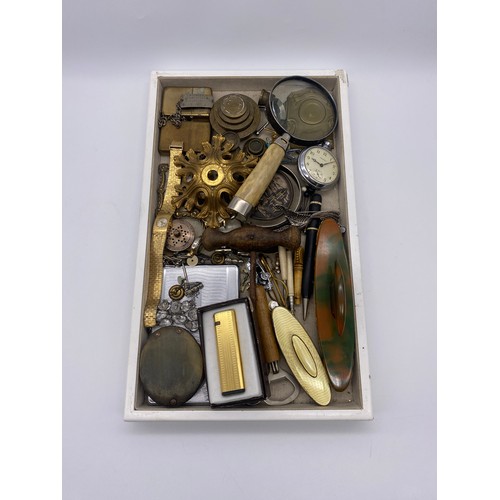 606 - TRAY OF MISCELLANY INC. ZIPPO LIGHTERS, GRADUATED BRASS WEIGHTS, CORKSCREW, HAT PINS, NAIL BUFFERS, ... 