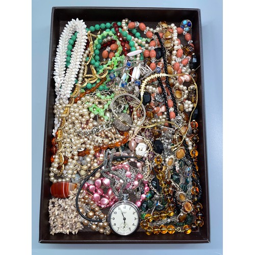 624 - TRAY OF VARIOUS BEAD NECKLACES, SMITHS POCKET WATCH AND SEKONDA QUARTZ WRIST WATCH