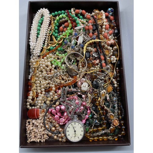 624 - TRAY OF VARIOUS BEAD NECKLACES, SMITHS POCKET WATCH AND SEKONDA QUARTZ WRIST WATCH