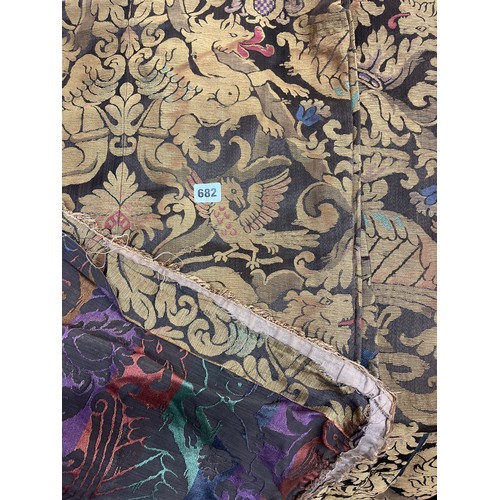 682 - PAIR OF GOLD LION AND MYTHICAL BEAST ACANTHUS SCROLL CURTAINS 90 INCHES DROP X 60 INCHES WIDE APPROX