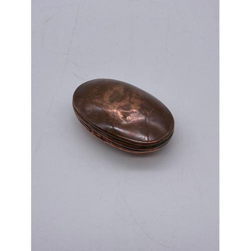 678 - SMALL OVAL COPPER TOBACCO/SNUFF BOX ENGRAVED G HARDING 1904 BADDESLEY