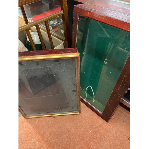 510 - STAINED PINE GLAZED TABLE TOP BIJOUTERIE CABINET AND ONE SMALLER EXAMPLE