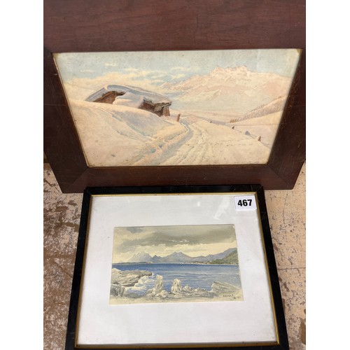 467 - WATER COLOUR OF A SNOWY MOUNTAIN LANDSCAPE AND SMALL WATERCOLOUR OF ANTIBES MONOGRAMED AND DATED 187... 