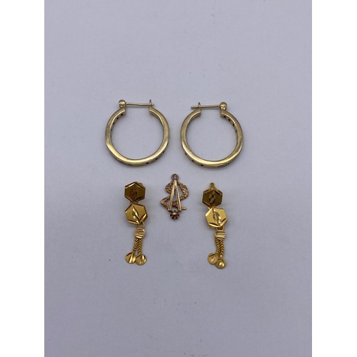 616 - PAIR OF SILVER PAVE SET HOOP EARRINGS AND PAIR OF UNMARKED YELLOW METAL DROPPER EARRINGS