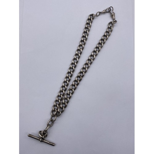 527 - HEAVY STAMPED SILVER LINK ALBERT CHAIN WITH SNAP SWIVEL FASTENER AND T BAR 4.9 OZ APPROX