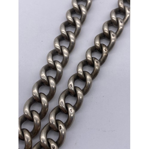 527 - HEAVY STAMPED SILVER LINK ALBERT CHAIN WITH SNAP SWIVEL FASTENER AND T BAR 4.9 OZ APPROX