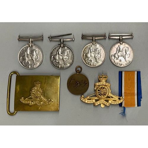 657 - WWI ROYAL ARTILLERY CAP BADGE, BUCKLE, BRONZE TRAY OF WAR MEDALLION, 4 1914-1918 MEDALS - GNR C SHEF... 