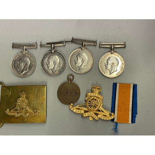 657 - WWI ROYAL ARTILLERY CAP BADGE, BUCKLE, BRONZE TRAY OF WAR MEDALLION, 4 1914-1918 MEDALS - GNR C SHEF... 