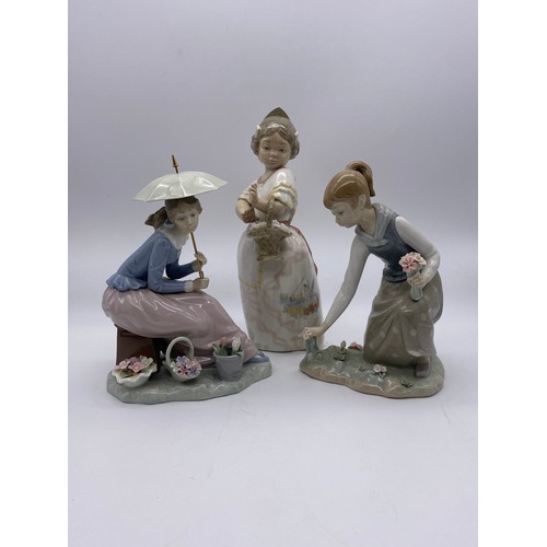 266 - NAO PORCELAIN FIGURE GROUP OF SEATED GIRL WITH PARASOL, NAO GIRL WITH BASKET OF FLOWERS AND LLADRO F... 