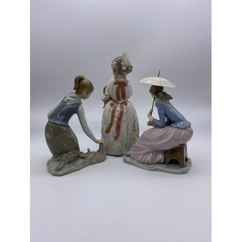 266 - NAO PORCELAIN FIGURE GROUP OF SEATED GIRL WITH PARASOL, NAO GIRL WITH BASKET OF FLOWERS AND LLADRO F... 