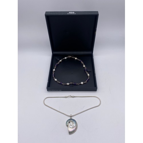 620 - SILVER BOX CHAIN WITH SHELL PENDANT AND A PEARL AND AMETHYST BEAD NECKLACE