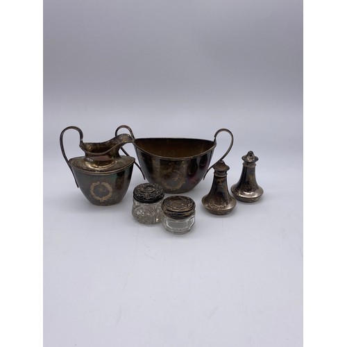 519 - SILVER SUCRIER AND CREAM JUG, LIGHT HOUSE CRUET, AND SILVER TOPPED ROUGE POTS 9.2 OZ APPROX