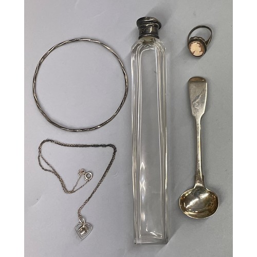 526 - SILVER TOPPED GLASS DRESSING TABLE/COLOGNE BOTTLE, PRESERVE SPOON, BANGLE AND DRESS RING