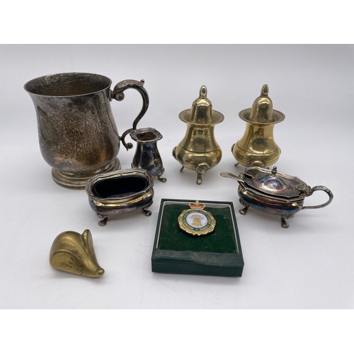 675 - EPNS BALUSTER TANKARD, EPNS THREE PIECE CRUET, BRASS CONDIMENTS, WOMENS LAND ARMY AND TIMBER CORP BA... 