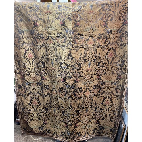 682 - PAIR OF GOLD LION AND MYTHICAL BEAST ACANTHUS SCROLL CURTAINS 90 INCHES DROP X 60 INCHES WIDE APPROX