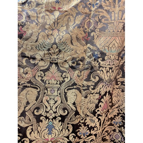 682 - PAIR OF GOLD LION AND MYTHICAL BEAST ACANTHUS SCROLL CURTAINS 90 INCHES DROP X 60 INCHES WIDE APPROX