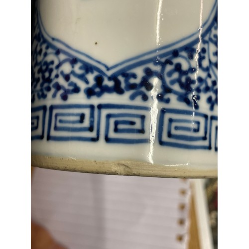 539 - PAIR OF CHINESE BLUE AND WHITE SLEEVE VASES DECORATED WITH LOBED PANELS OF FIGURES IN A GARDEN LANDS... 