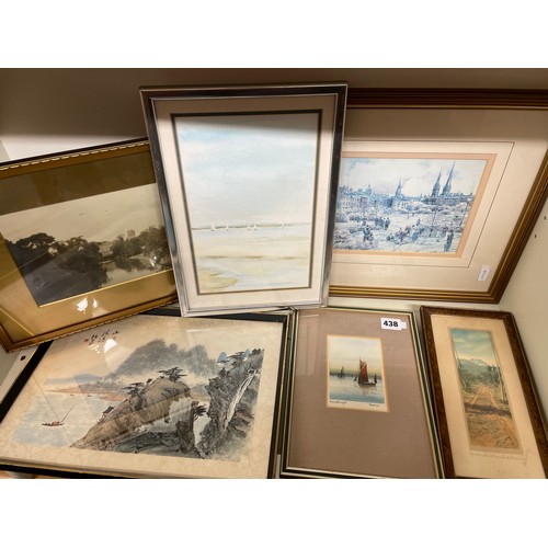 22 - SELECTION OF LITHOGRAPHIC PRINTS, TINTED ENGRAVINGS, AND SMALL WATER COLOUR OF AN ESTUARY