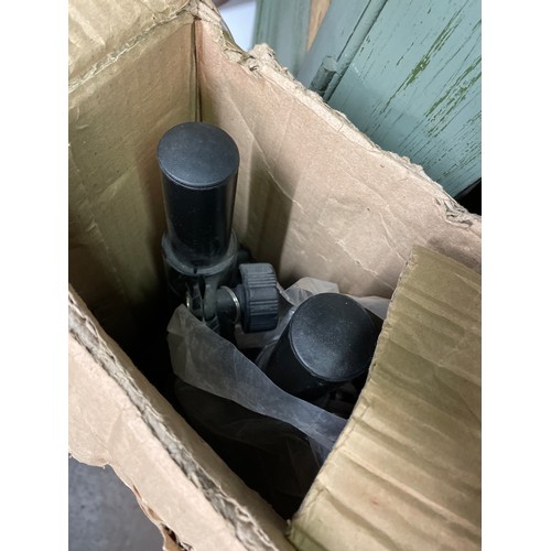 208 - PAIR OF WHARFDALE OUTDOOR SPEAKERS WITH BLACK RAT TRIPOD STANDS