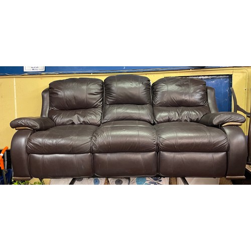 93 - BROWN LEATHER WOOD FRAMED THREE SEATER SOFA