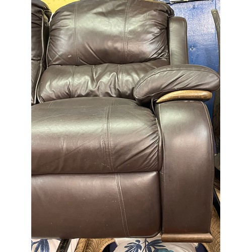 93 - BROWN LEATHER WOOD FRAMED THREE SEATER SOFA