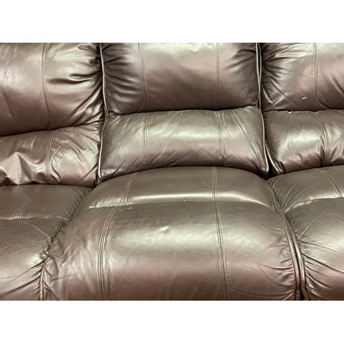 93 - BROWN LEATHER WOOD FRAMED THREE SEATER SOFA