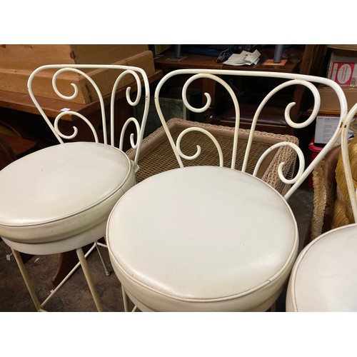 185 - THREE LATE 60S/70S CREAM METAL WORK BREAKFAST STOOLS