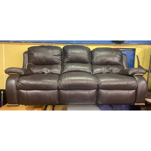 93 - BROWN LEATHER WOOD FRAMED THREE SEATER SOFA