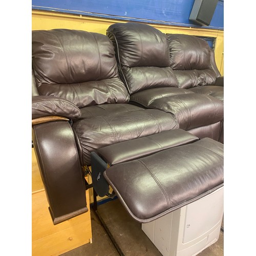 93 - BROWN LEATHER WOOD FRAMED THREE SEATER SOFA